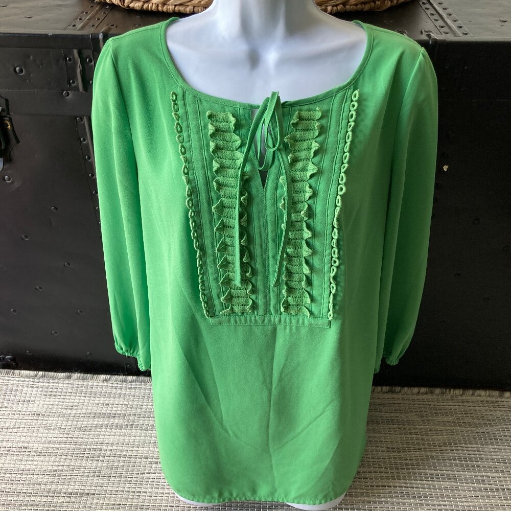 Charter Club Green 3/4 Sleeve Ruffled Tie Blouse Medium